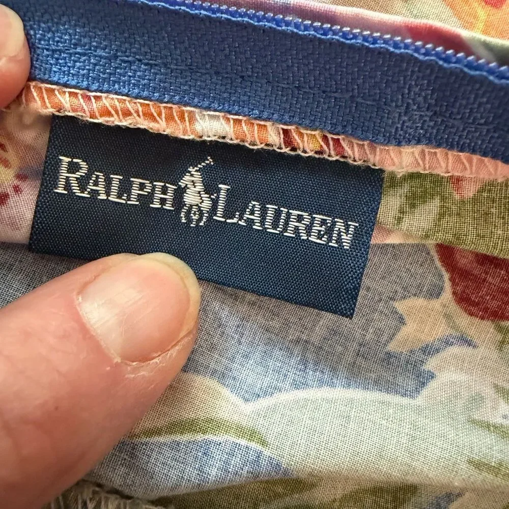 Vtg Ralph Lauren 16” Blue Floral Cotton Pillow Cover W/Ruffle Cottage